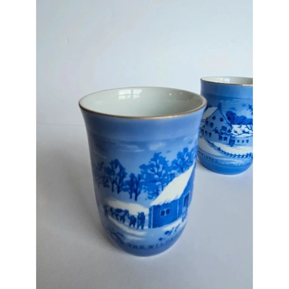 Vintage Currier & Ives Blue and White Mugs Winter Scenes